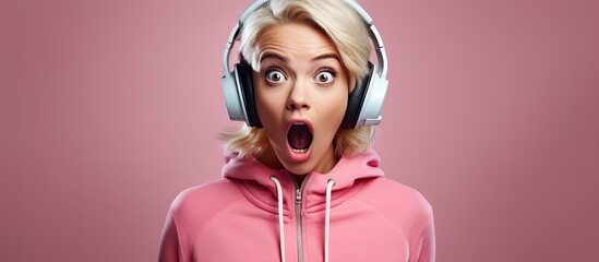 Shocked blonde woman in sportswear and headphones, with a skeptical and sarcastic expression, open-mouthed in surprise. - obrazy, fototapety, plakaty