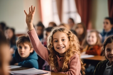 Fototapeta premium Primary schoolgirl raise hand to answer a question during class in the classroom. Back to school concept. Generative AI.