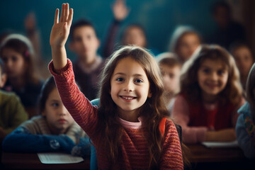Fototapeta premium Primary schoolgirl raise hand to answer a question during class in the classroom. Back to school concept. Generative AI.