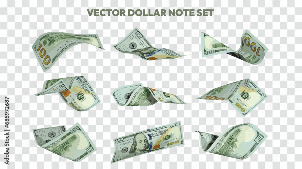 Aufkleber Vector illustration of set of US dollar notes flying in different angles and orientations. Currency note design in Scalable eps format
