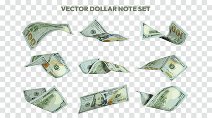 Vector illustration of set of US dollar notes flying in different angles and orientations. Currency note design in Scalable eps format - obrazy, fototapety, plakaty