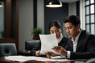 Fototapeta premium Female lawyer, attorney or bank manager consults a male client holding papers during legal advice. Two business executives discussing financial accounting documents report working at meeting in office