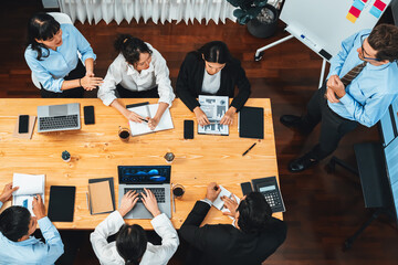 Panoramic top view project manager planning schedule for business task at meeting room, Gantt chart...