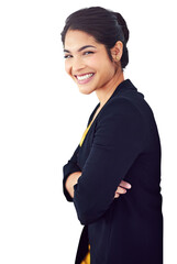 Business woman, happy portrait and arms crossed for professional career in human resources. Face of...