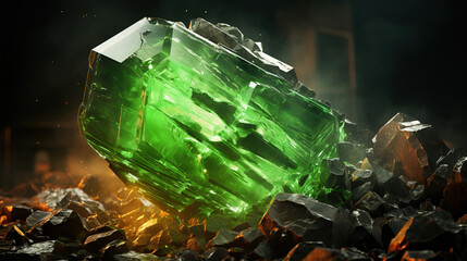Green Crystal on Top of Rocks. Generative Ai