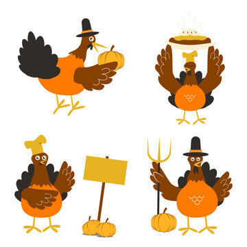 Thanksgiving Turkey With Flat Cartoon Design. Isolated Vector Set. 