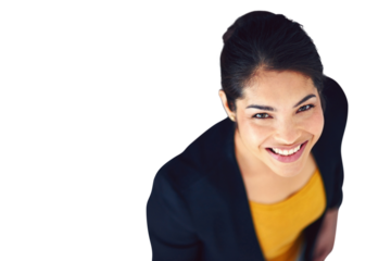 Portrait, top view and happy business woman isolated on a transparent png background. Face, confident and smile of professional advisor, entrepreneur and corporate employee or worker above in Mexico