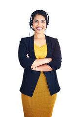 Business woman, call center and arms crossed for customer service, virtual support and solution in...