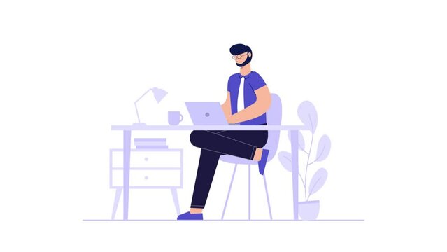 Animation man is sitting in front of a laptop, working from home, analyzing data conceptual animation