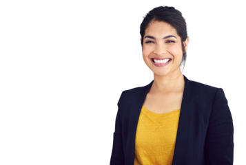 Businesswoman, smile or portrait with positive in consultant career, professional or corporate work. Mexican person, face or happy for job pride in wellness or isolated on transparent png background