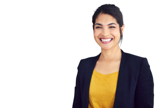 Businesswoman, smile or portrait with positive in consultant career, professional or corporate work. Mexican person, face or happy for job pride in wellness or isolated on transparent png background