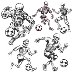 Retro Skeleton skull Playing Soccer Football set vector illustration