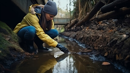 Concept portable water quality measurement. Technician man in full body protective suit collecting sample of river.