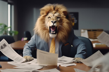 Concept furious lion businessman shouts and growls at meeting at his subordinates, throws paper. Expired contracts, boss beast in meet room.