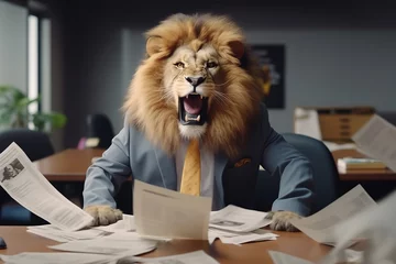 Fototapeten Concept furious lion businessman shouts and growls at meeting at his subordinates, throws paper. Expired contracts, boss beast in meet room. © Adin