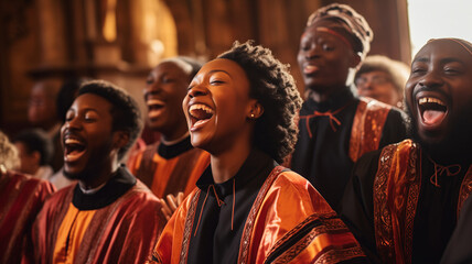 Black christian gospel singers of church praising Jesus Christ. Message of Christianity for christmas song music - obrazy, fototapety, plakaty