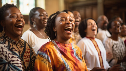Black christian gospel singers of church praising Jesus Christ. Message of Christianity for...