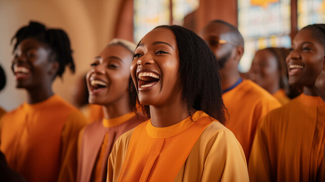 Black christian gospel singers of church praising Jesus Christ. Message of Christianity for christmas song music