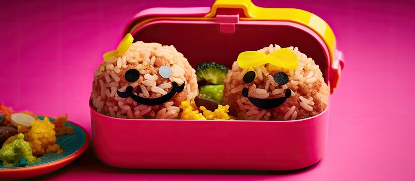 Lunchbox with dragonfruit fried rice and amusing meatball.