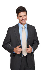 Portrait, smile and business man with thumbs up support on isolated, transparent or png background. Hiring, recruitment and mature entrepreneur face with yes hand emoji, success or goal motivation