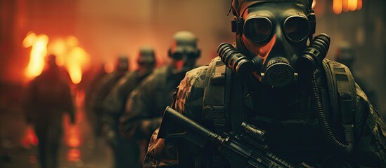 Soldiers equipped with gear to counteract radiation in the battle.