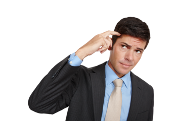 Confused, thinking and business man scratching head with questions on isolated, transparent or png background. Why, doubt and face of male entrepreneur with emoji sign for forget, mistake or oops