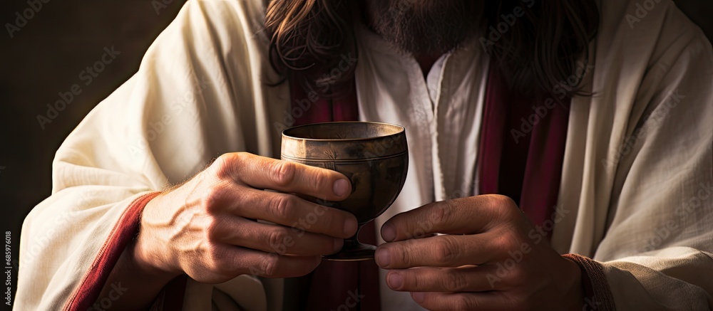 Wall mural jesus' hands with a wine cup, a symbol of communion.