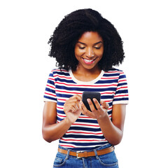 Young woman, student and phone for social media, reading news or communication for opportunity. Happy African person typing, scroll or search internet on mobile isolated on transparent PNG background