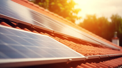 Closeup solar panels, photovoltaics on red roof tiles of house with sunlight. Concept eco alternative electricity source for life
