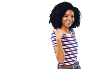 Happy woman, thumbs up and pointing with smile in portrait for announcement, offer or promotion. African person, fashion and curly hair with excitement face on isolated or transparent png background
