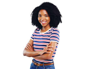 Woman, portrait and fashion confidence or cool clothes for university student, arms crossed or isolated transparent png background. Female person, face as smile or good positive mood, relax or trendy