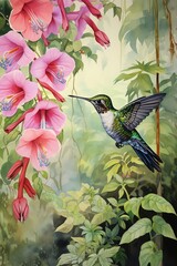 hummingbird in the forest with flowers and leaves watercolor vintage painting