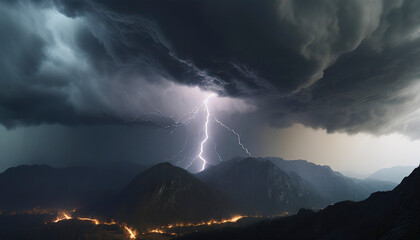 lightning in the mountains with dark stormy clouds