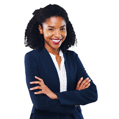 Portrait, happy and a business black woman arms crossed isolated on a transparent background for...