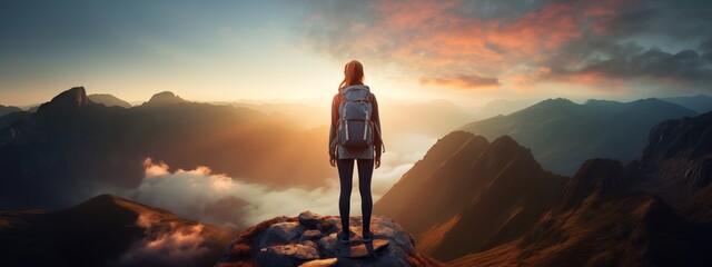Hiking woman is standing at sunset mountains with raised arms and enjoying the view