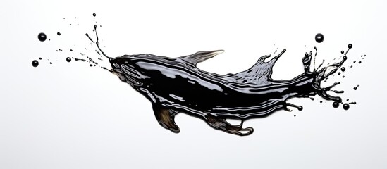 Fototapeta premium Fish-shaped black oil spill on white surface.