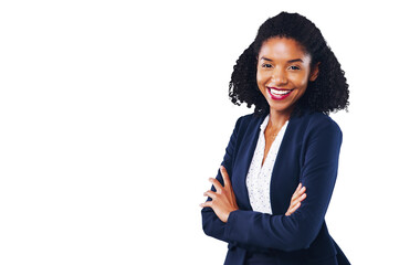 Portrait, confident and a business black woman arms crossed isolated on a transparent background...