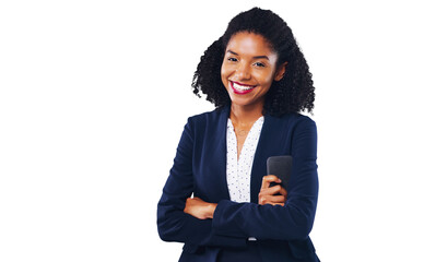 Portrait, business and a young black woman arms crossed isolated on a transparent background for work. Corporate, smile or happy and a confident employee on PNG with a professional career mindset