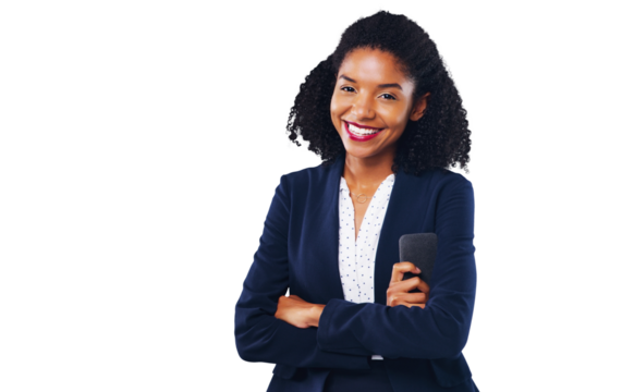 Portrait, business and a young black woman arms crossed isolated on a transparent background for work. Corporate, smile or happy and a confident employee on PNG with a professional career mindset