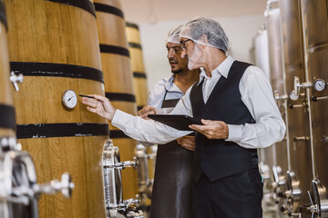 Winemaker professional working in modern large winery factory liquor alcohol drinks industry...