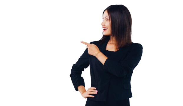 Happy woman, business and pointing in advertising or marketing isolated on a transparent PNG background. African female person or employee showing deal, promotion or special sale in notification