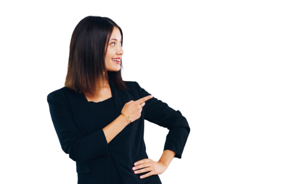 Business, news and woman with hand pointing to announcement on isolated, transparent or png background. We are hiring, recruitment and female recruiter show sign up promotion, deal or platform offer - Powered by Adobe