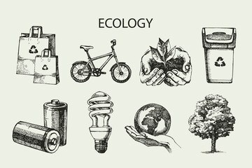 Sketch ecology set. Hand drawn vector illustration