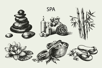 Spa sketch icon set. Beauty vintage hand drawn illustrations - obrazy, fototapety, plakaty