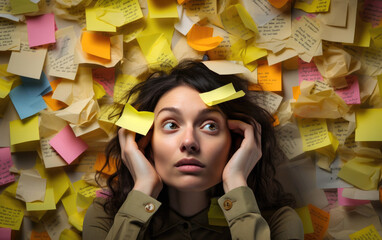 A young woman covering her head and sticky notes everywhere around her