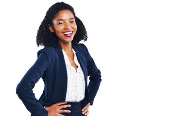 Happy black woman, portrait and business confidence standing isolated on a transparent PNG background. African female person or professional employee smile with hands on hips in corporate management
