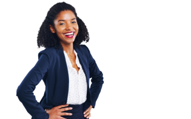 Happy black woman, portrait and business confidence standing isolated on a transparent PNG background. African female person or professional employee smile with hands on hips in corporate management