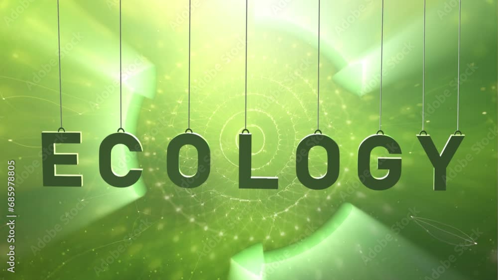 Poster swinging ecology tags on green abstract loop background.