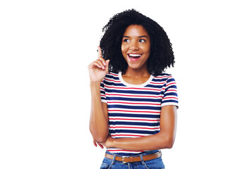 Happy black woman, thinking and pointing up for idea or solution isolated on a transparent PNG...