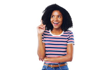 Happy black woman, thinking and pointing up for idea or solution isolated on a transparent PNG background. African female person or model smile with hand up for choice, memory or remember plan